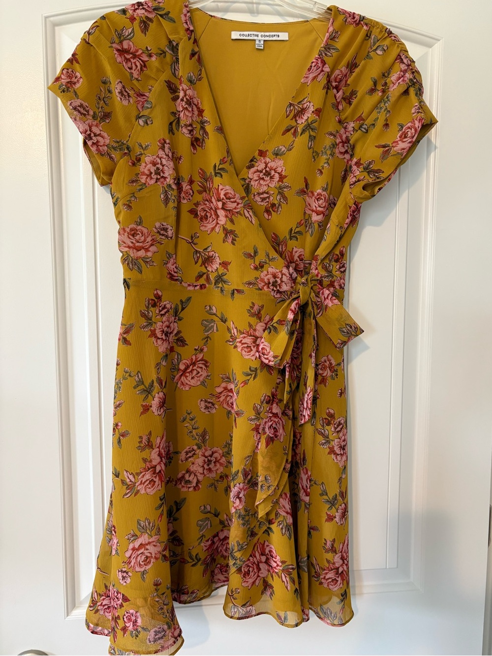 Mustard Gold with Pink Florals Wrap Dress‎ Ruched Sleeves and Tie Waist Small